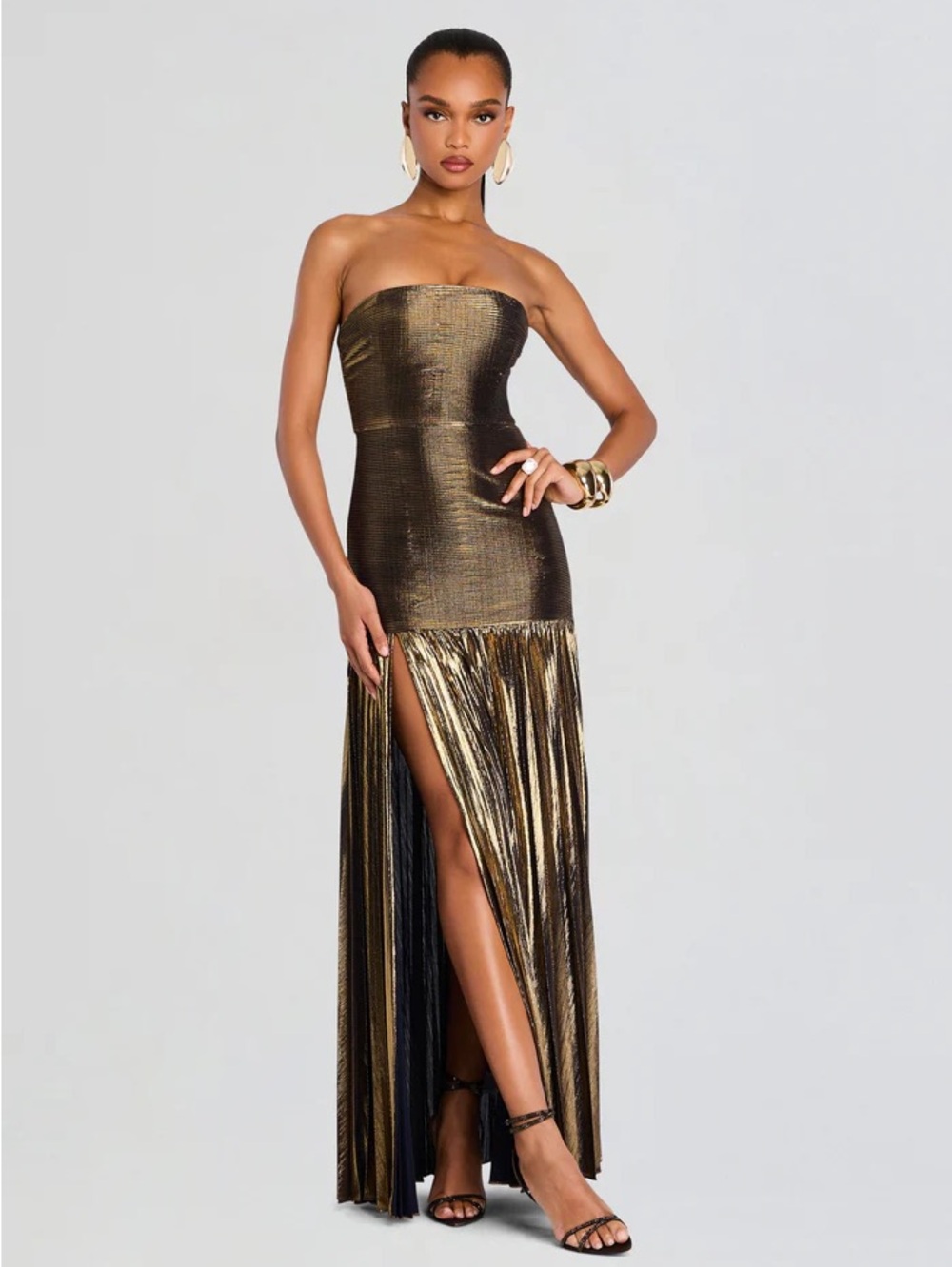 Retrofete Strapless Metallic Antique Gold Evening Gown with High Slit